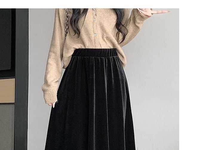 Skirt Waist Midi Elastic Plain A-Line Velvet