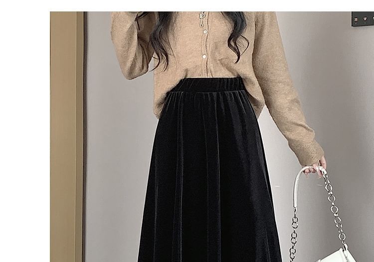 Skirt Waist Midi Elastic Plain A-Line Velvet