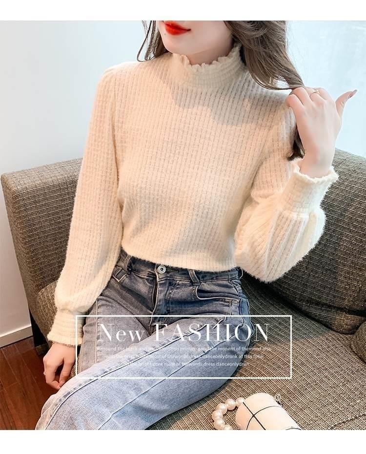 Lace Mock Top Neck Plain Long-Sleeve