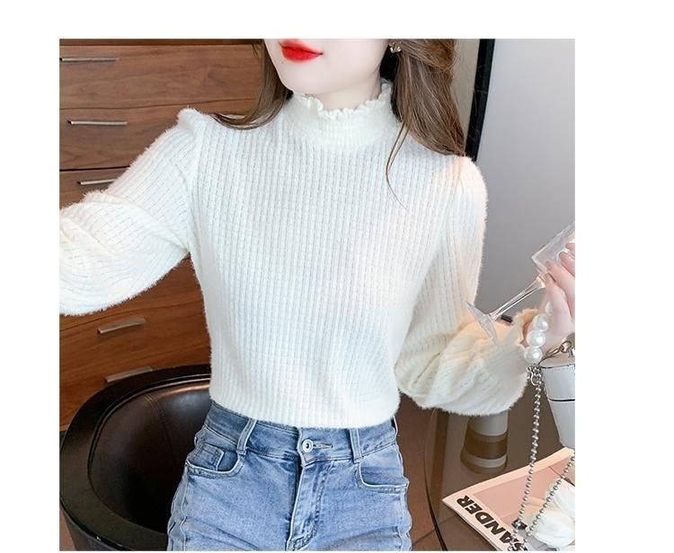 Lace Mock Top Neck Plain Long-Sleeve