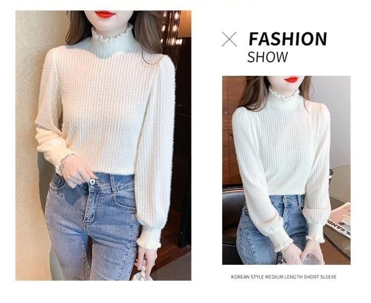 Lace Mock Top Neck Plain Long-Sleeve