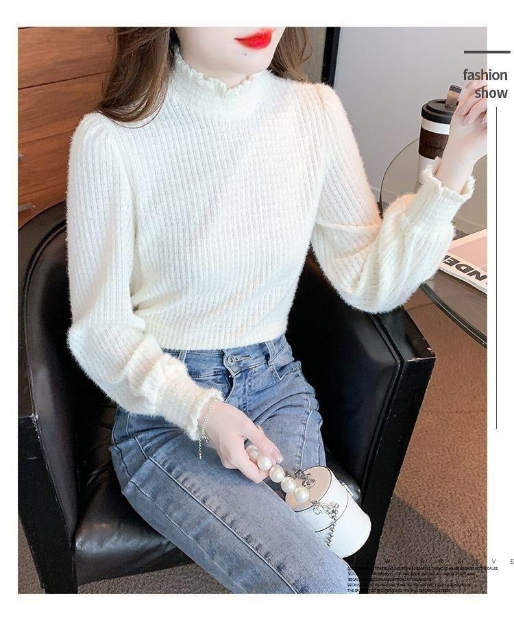 Lace Mock Top Neck Plain Long-Sleeve