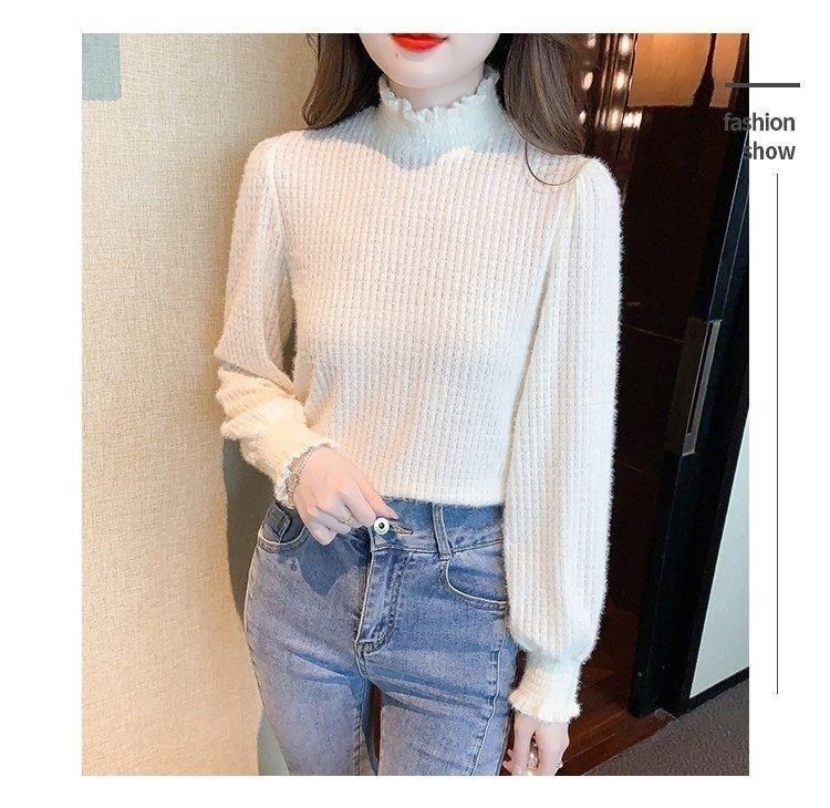 Lace Mock Top Neck Plain Long-Sleeve