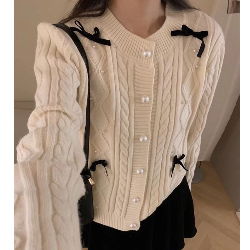 Bow Accent Faux Pearl Cardigan