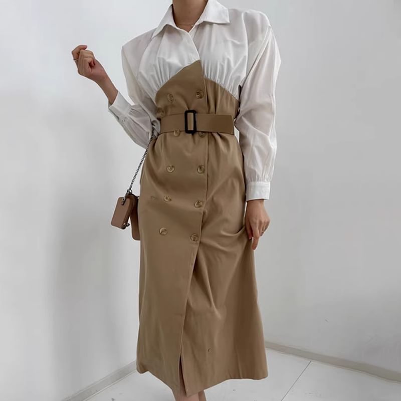 Long-Sleeve Collared  Two Tone Double-Breasted Midi Shirt Dress