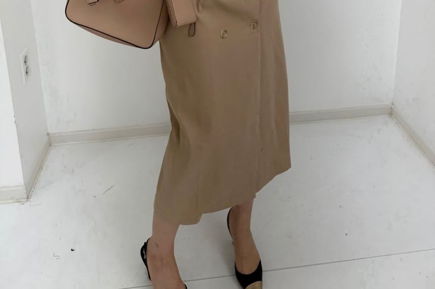 Long-Sleeve Collared  Two Tone Double-Breasted Midi Shirt Dress