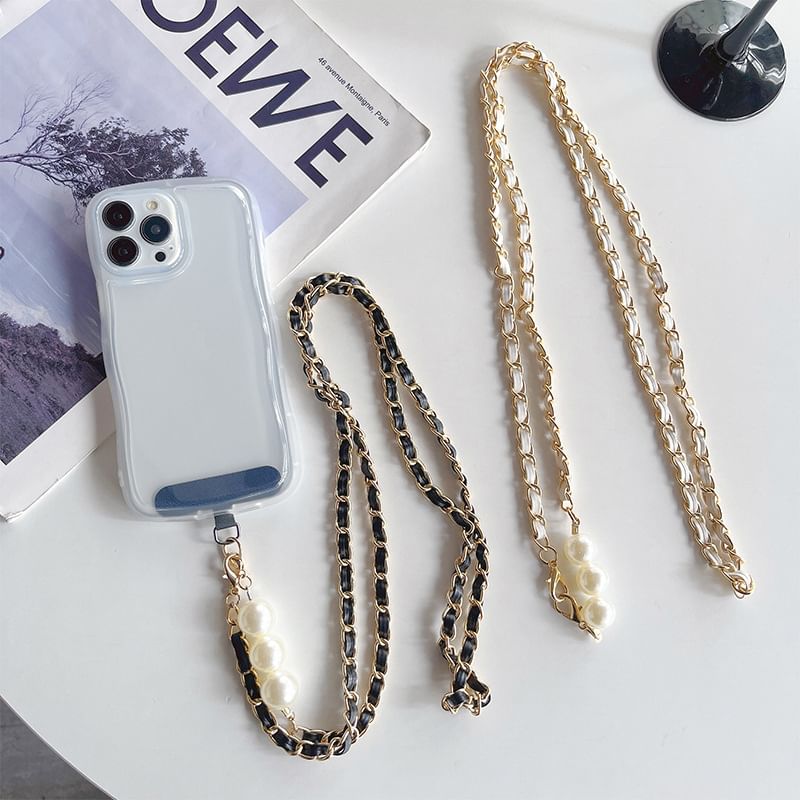 Leather Faux Alloy Phone Pearl Lanyard