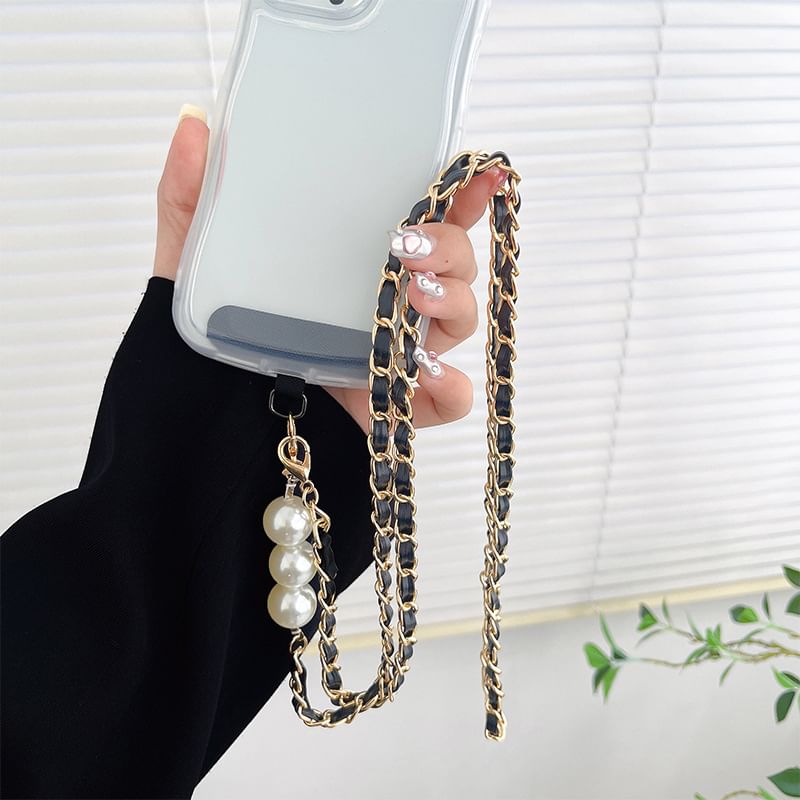 Leather Faux Alloy Phone Pearl Lanyard
