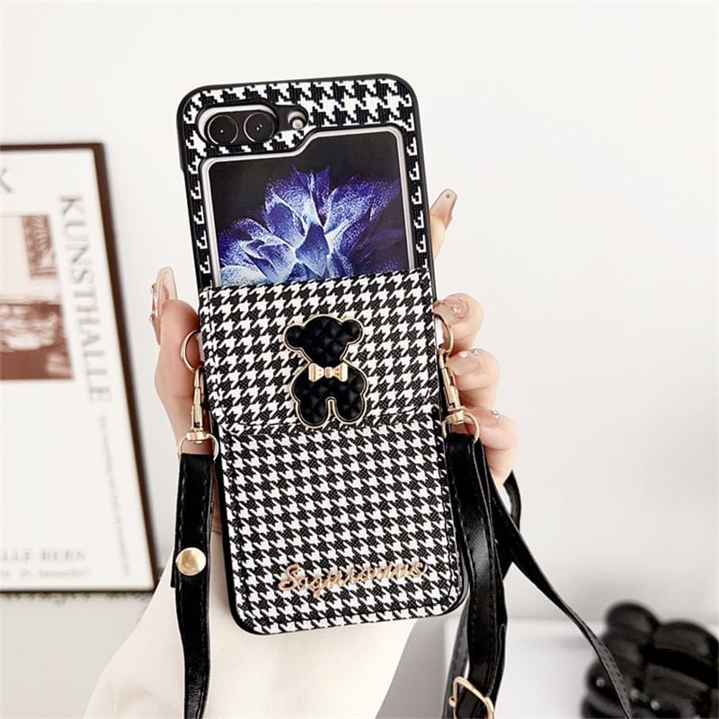 Lanyard Pearl Faux Cat Houndstooth Case Phone