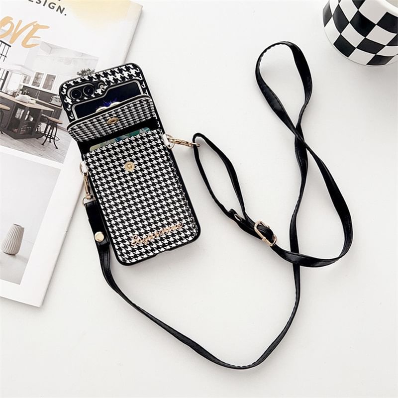 Lanyard Pearl Faux Cat Houndstooth Case Phone