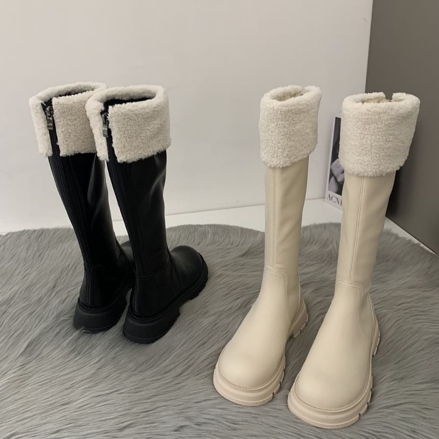 Fleece Platform Knee High Panel Boots