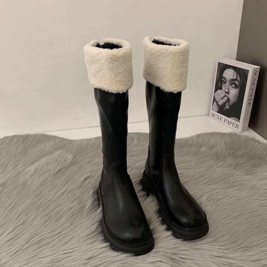 Fleece Platform Knee High Panel Boots