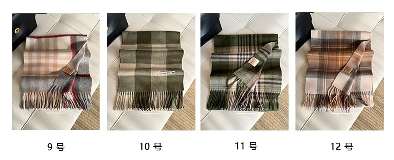 Scarf Applique Wool Plaid Fringed Lettering
