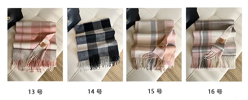 Scarf Applique Wool Plaid Fringed Lettering