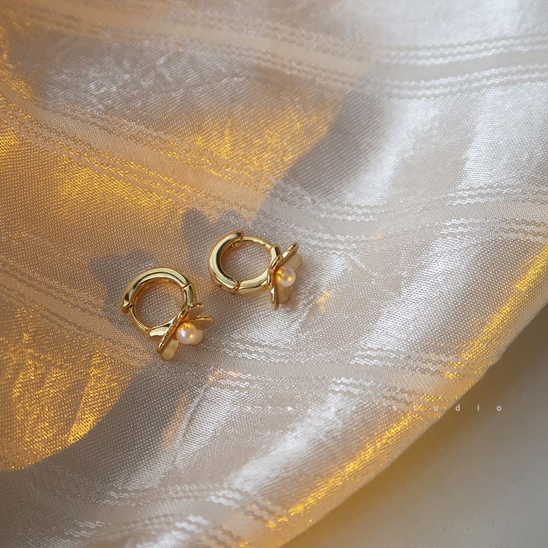 Flower Sterling Huggie Earring Faux Silver Pearl