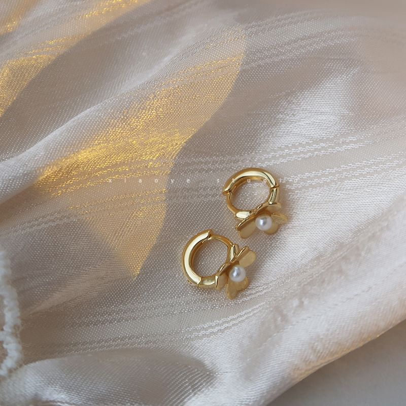 Flower Sterling Huggie Earring Faux Silver Pearl