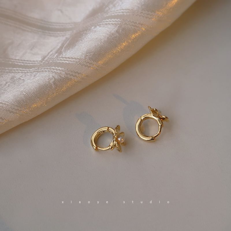 Flower Sterling Huggie Earring Faux Silver Pearl