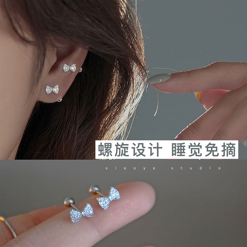 Rhinestone Sterling Earring Barbell Bow Silver