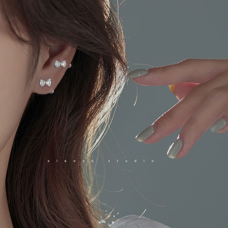 Rhinestone Sterling Earring Barbell Bow Silver