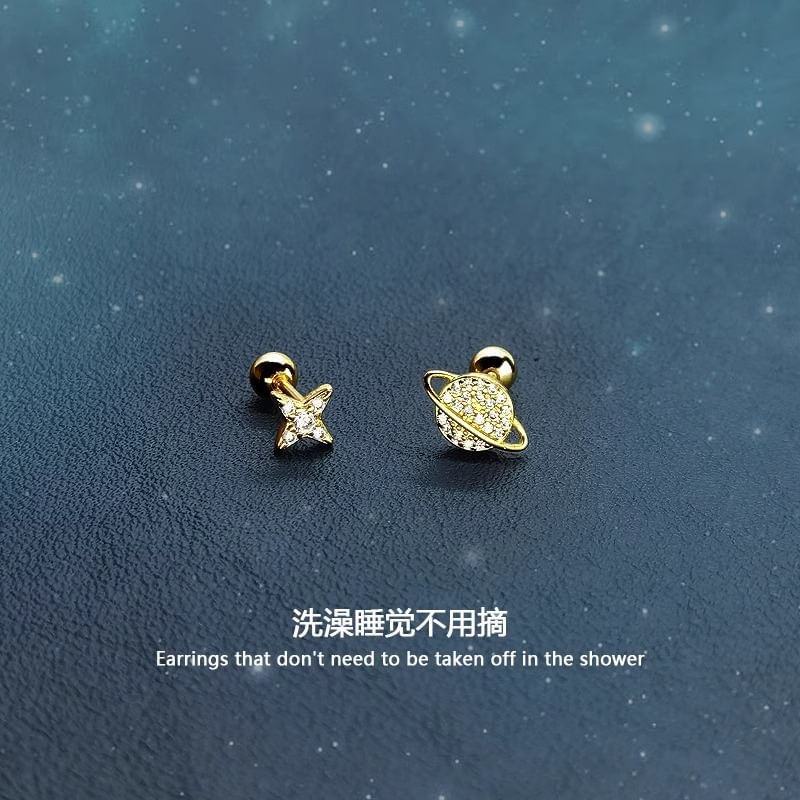 Asymmetrical Star Sterling Silver Earring Barbell Rhinestone