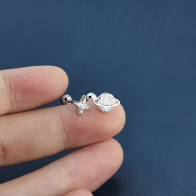 Asymmetrical Star Sterling Silver Earring Barbell Rhinestone