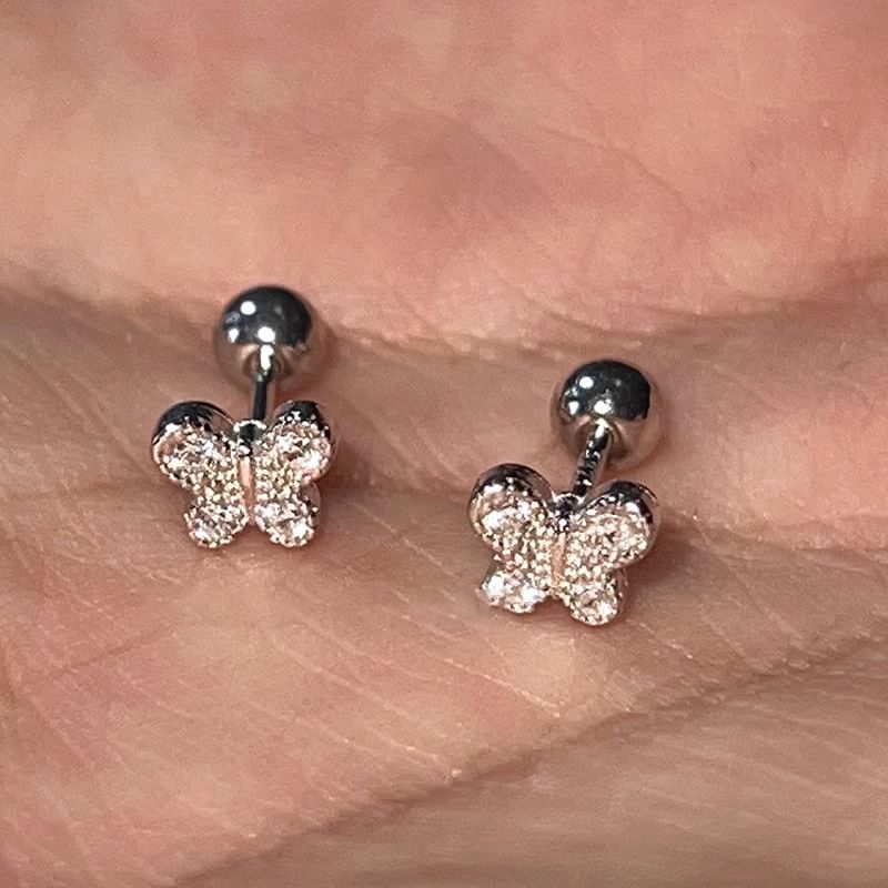 Sterling Barbell Butterfly Silver Earring Rhinestone