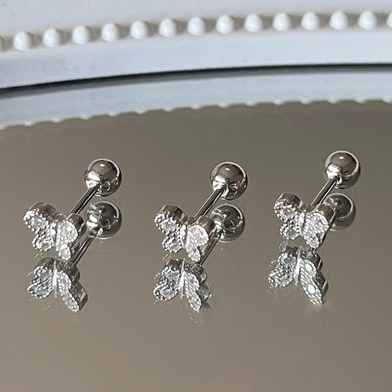 Sterling Barbell Butterfly Silver Earring Rhinestone