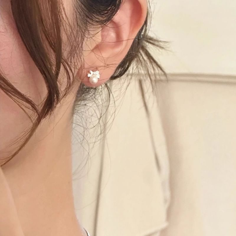 Sterling Earring Silver Faux Bow Barbell Pearl