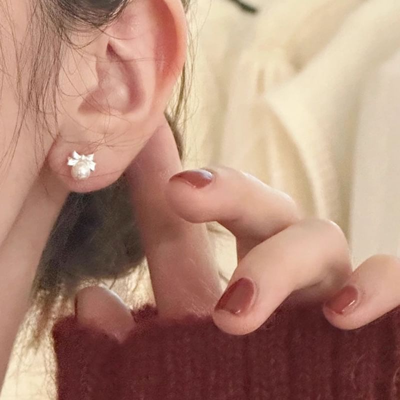 Sterling Earring Silver Faux Bow Barbell Pearl