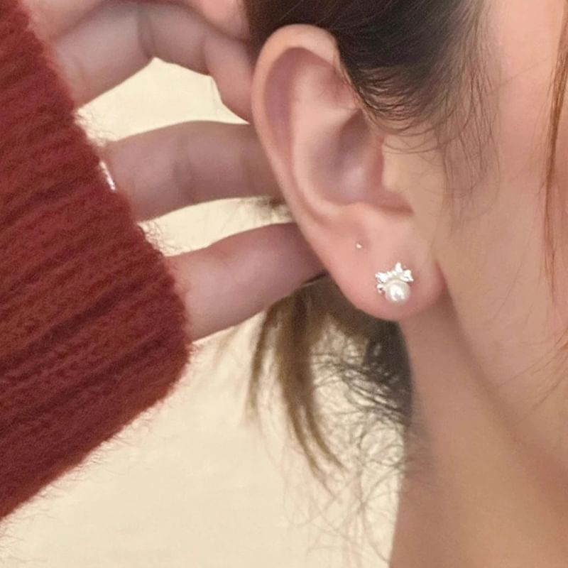 Sterling Earring Silver Faux Bow Barbell Pearl