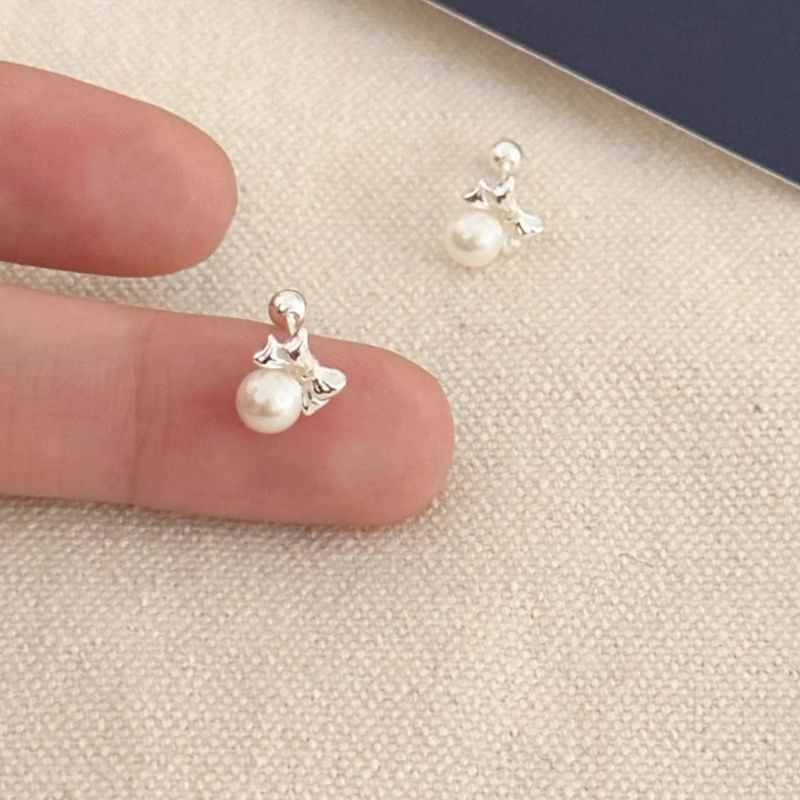 Sterling Earring Silver Faux Bow Barbell Pearl