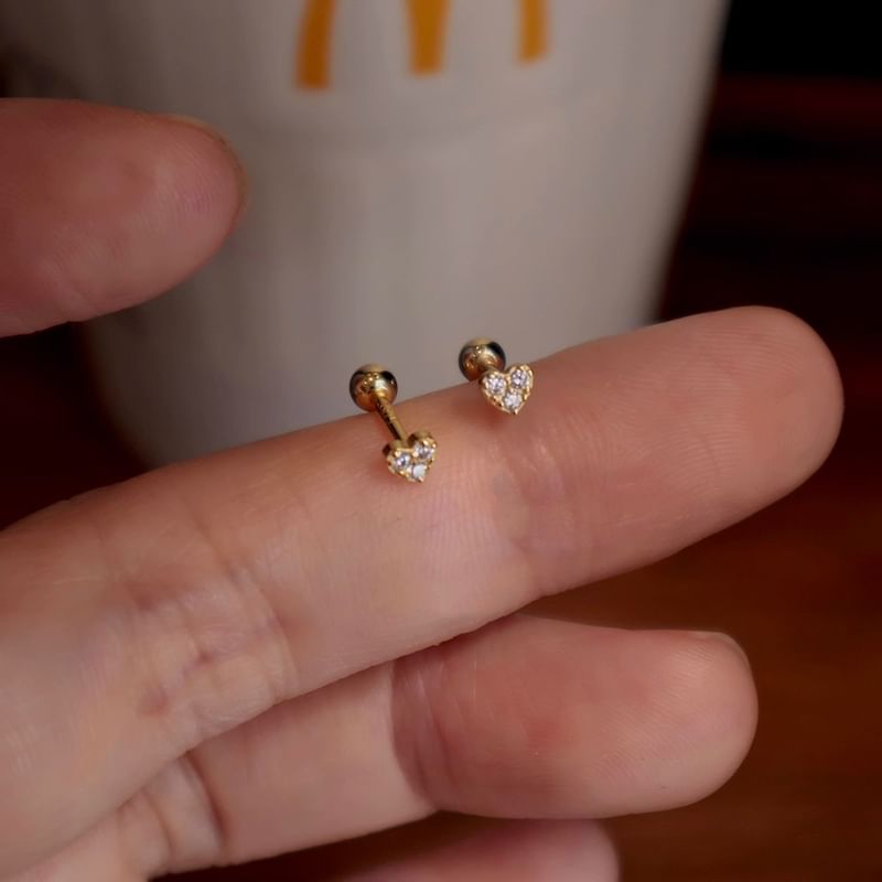 Heart Sterling Barbell Rhinestone Silver Earring