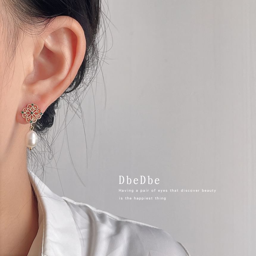 Drop Rhinestone Clip-On Earring Pearl Floral Faux