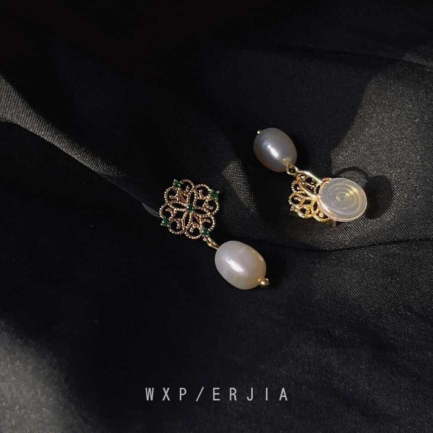 Drop Rhinestone Clip-On Earring Pearl Floral Faux