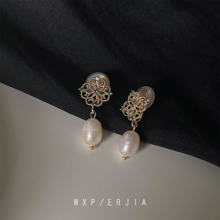 Drop Rhinestone Clip-On Earring Pearl Floral Faux