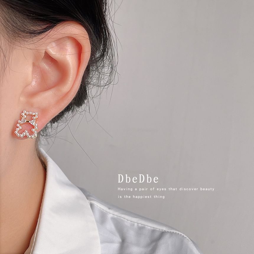 Earring Pearl Bear Rhinestone Clip-On Faux