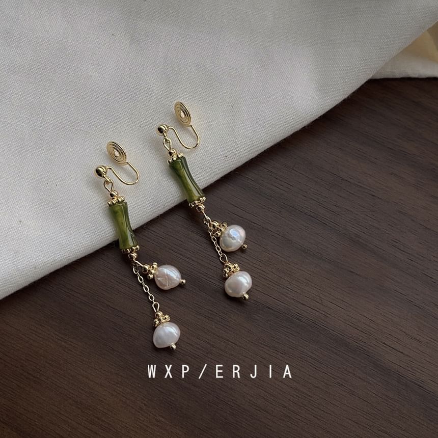 Clip-On Drop Earring Bamboo Pearl Faux