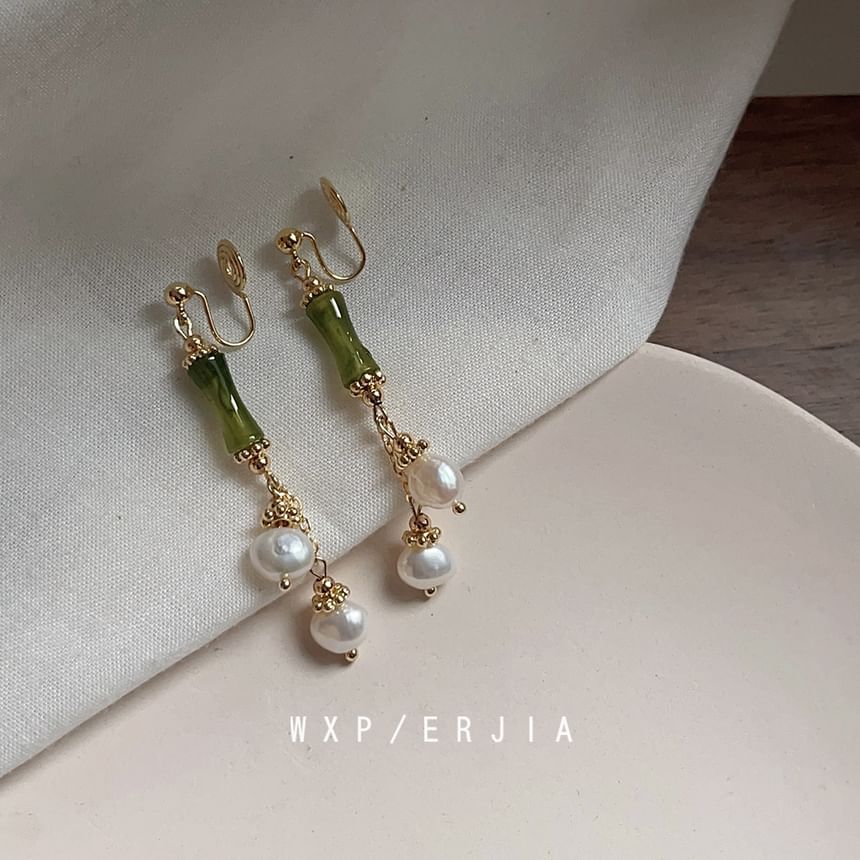 Clip-On Drop Earring Bamboo Pearl Faux