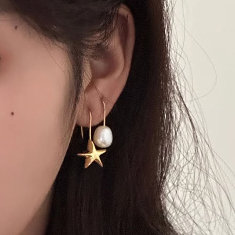 Star Faux Pearl Asymmetrical Alloy Drop Earring