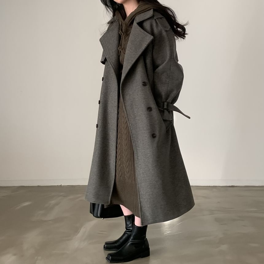 Plain Tie Waist Midi Double-Breasted Coat