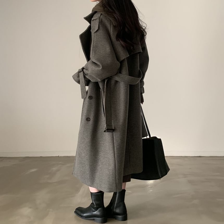 Plain Tie Waist Midi Double-Breasted Coat