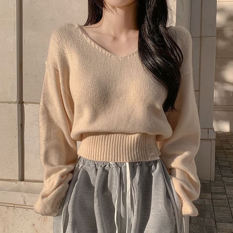 V-Neck Plain Cropped Sweater