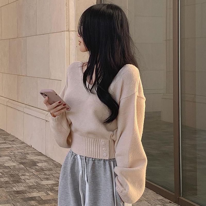 V-Neck Plain Cropped Sweater