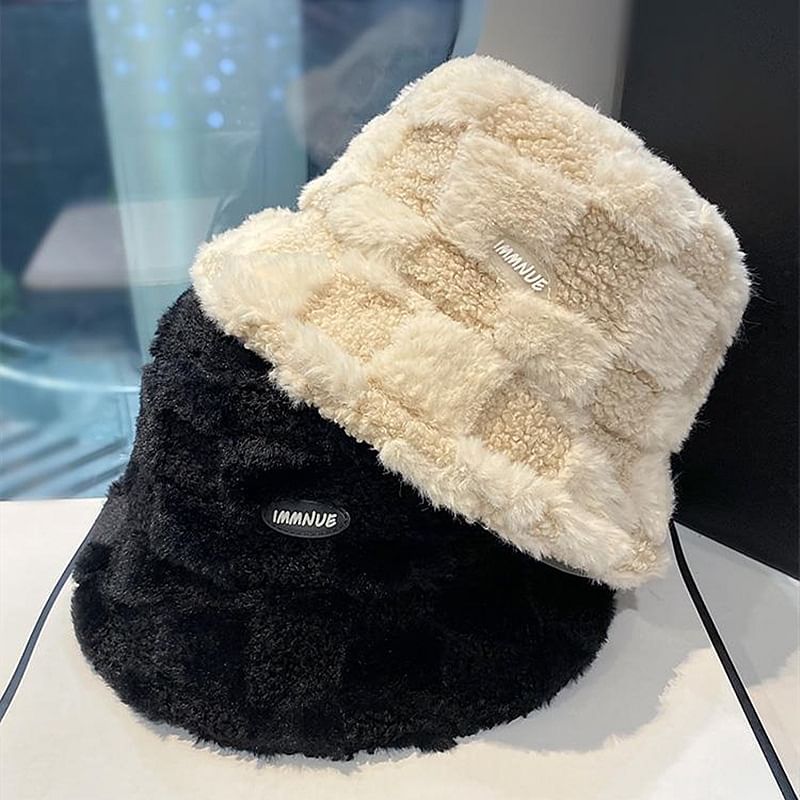 Lettering Plaid Hat Bucket