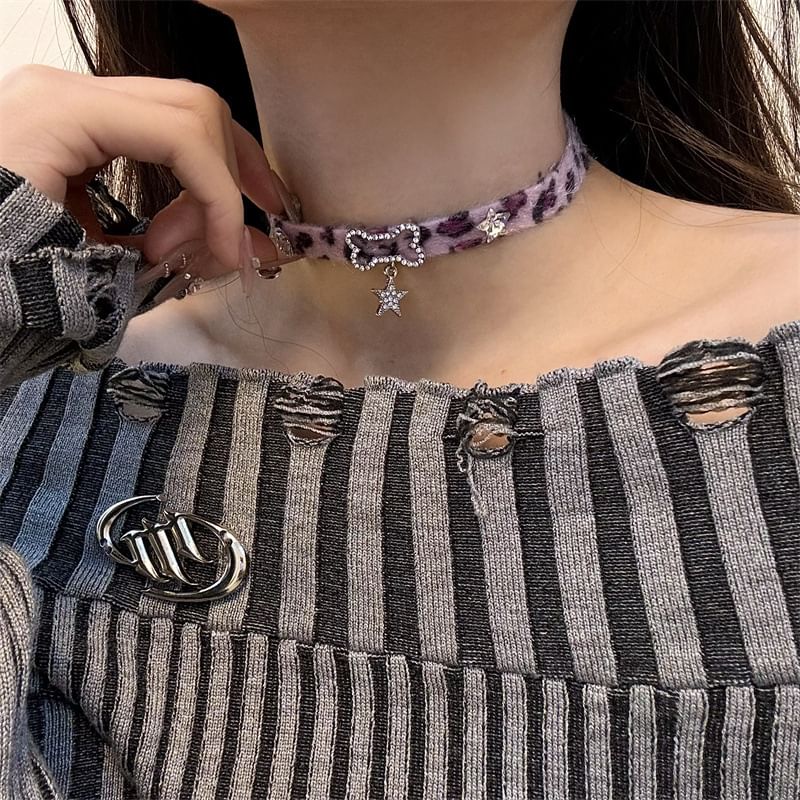 Droplet Bow Choker Print Leopard Pearl Faux Pendant