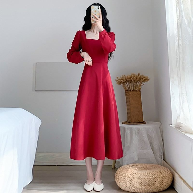 Neck A-Line Long-Sleeve Plain Square Midi Dress