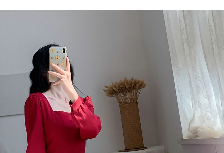 Neck A-Line Long-Sleeve Plain Square Midi Dress