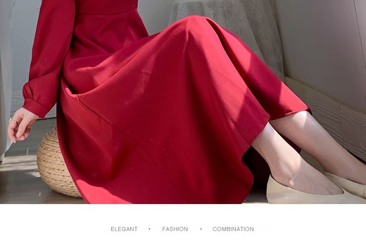 Neck A-Line Long-Sleeve Plain Square Midi Dress