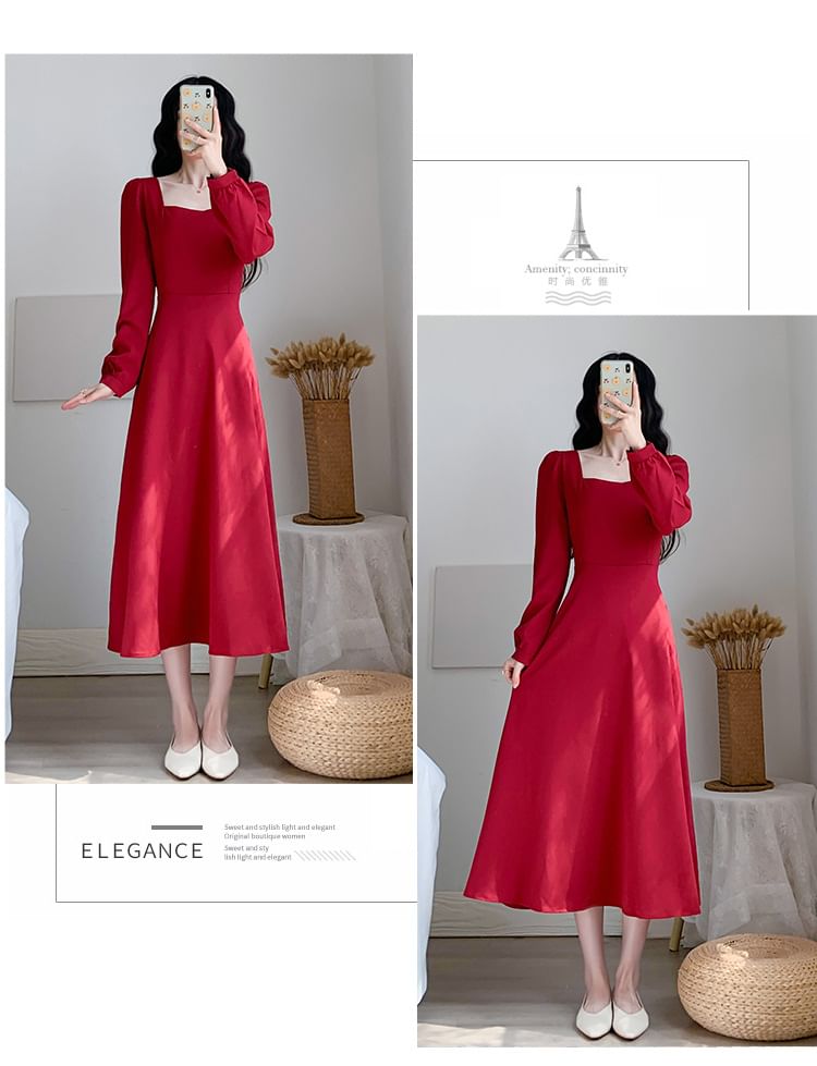 Neck A-Line Long-Sleeve Plain Square Midi Dress