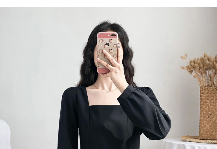 Neck A-Line Long-Sleeve Plain Square Midi Dress